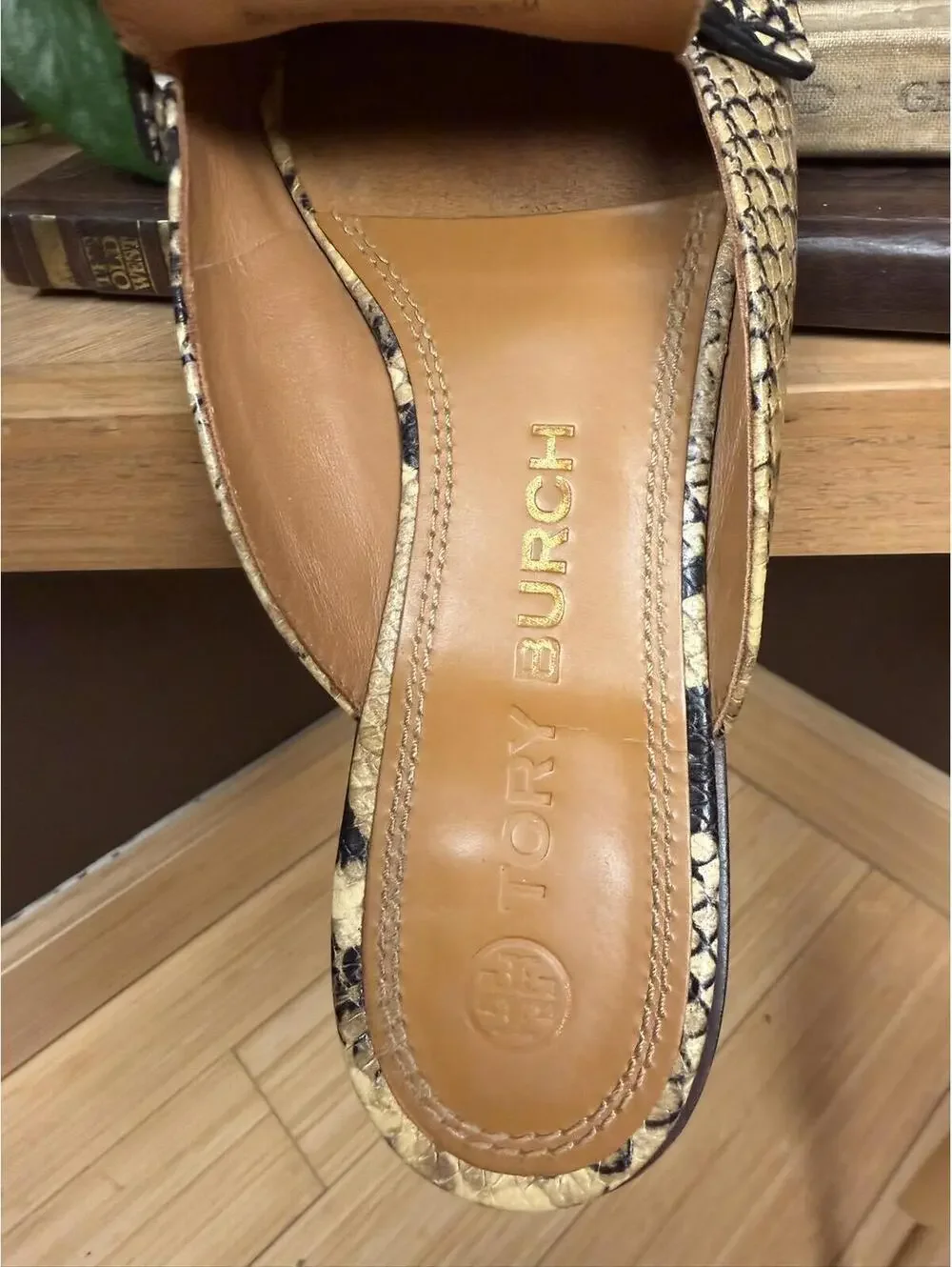 Tory Burch G Georgia mule slide loafer, snake print, gold logo buckle size 8.5